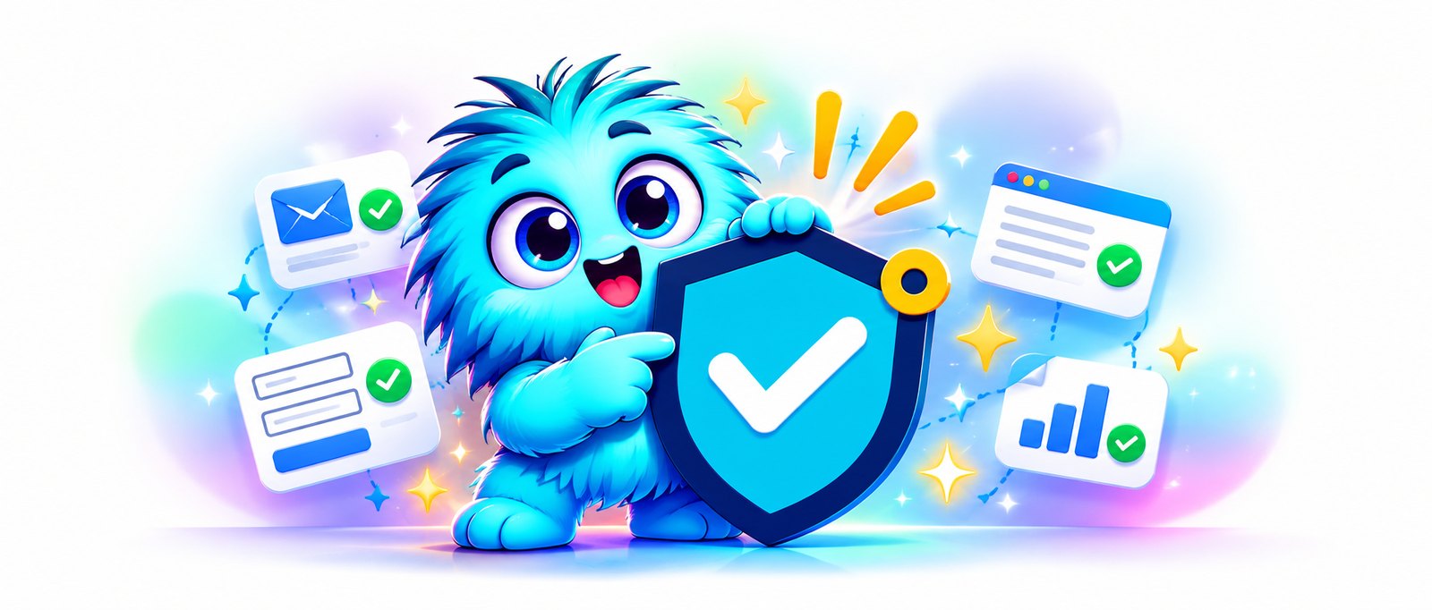 Gaemster's fuzzy blue mascot holding a shield with a checkmark, surrounded by cards for email, a form and web pages that are all checked.